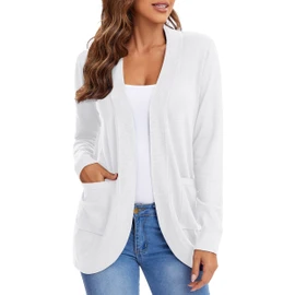 Urban CoCo Womens' Long Sleeve Knit Sweater Cardigans Curved Hem Open Front with Pockets (White, XL) (White, XL)