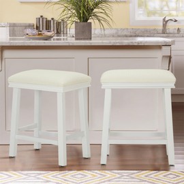 Sophia & William Bar Stools Set of 2, Solid Wood Backless Stools with PU Leather Cushion, 24 Inch Counter Height Upholstered Barstools for Kitchen Island, White