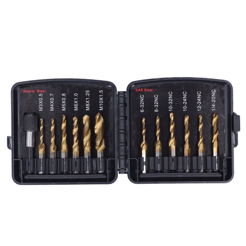 13Pcs/Set Combination Drill Tap High Speed Steel Titanium Plated Hex