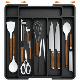 TSONDEKU Expandable Silverware Drawer Organizer - BPA Free Flatware and Cutlery Holder, Adjustable Large Plastic Storage Tray for Kitchen Spoons Forks Knives, Black