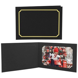 Golden State Art, Pack of 100, 4x6/5x7 Photo Folders, Cardboard Picture Frame, Paper Photo Frame Cards, Greetings/Invitation Cards, Special Events: Graduation, Christmas, Wedding (Black Gold Lining)