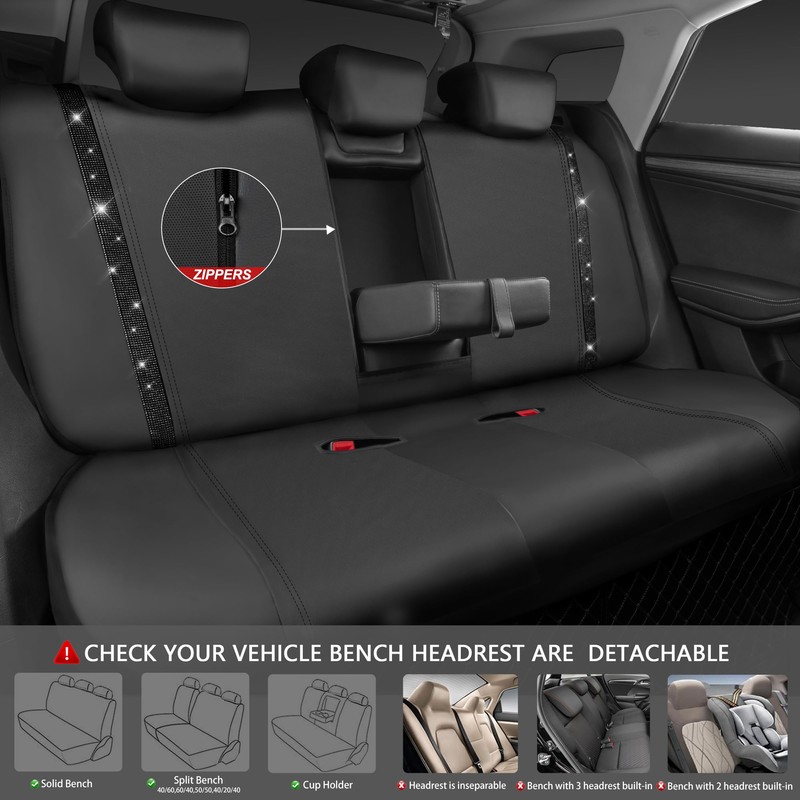 CAR PASS Leather Bling Diamond Car Seat Covers Full Set,