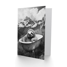 Artery8 Greeting Card Sloth in Bathtub on Mountain Black White Surreal Blank For Him Or Her Art Birthday Card