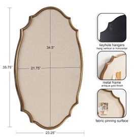 Kate and Laurel Leanna Scalloped Oval Metal Pinboard with Fabric Surface for Display, Organization, and Decor, 24x36, Gold