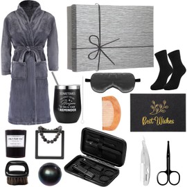 Nuogo 15 Pcs Birthday Gifts for Men Beard Care Set for Him Christmas Gifts Basket Ideas Kit for Men Tumbler Bath Robe for Dad Husband Boyfriend Box (Darkgray)