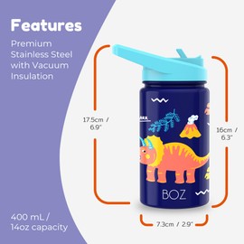 BOZ Kids Insulated Water Bottle with Straw Lid - Two-Pack Bundle, Shark/Dinosaur Stainless Steel Vacuum Double Wall Water Cup, 14 oz (414ml). Scratch-Resistant, Carry Handle, and Dishwasher-Safe