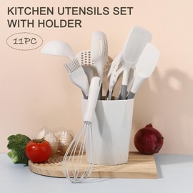 Silicone Cooking Utensils Set, Retrosohoo 11 Piece Kitchen Utensils Set with Holder, Non-Stick Utensils Spatula Set, Kitchen Utensil Gadgets Tools Set for Nonstick Cookware, Dishwasher Safe (White)