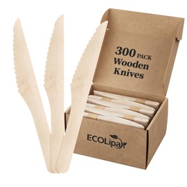 ECOLipak 300 Count Disposable Wooden Knives, Wooden Compostable Disposable Knives for Party, Camping, Traveling, Family Dinners
