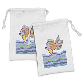 Ambesonne Fish Fabric Pouch Set of 2, Doodle Marker Pattern Scales and Squares on Wavy Ocean Colorful Illustration, Small Drawstring Bag for Toiletries Masks and Favors, 9" x 6", Multicolor