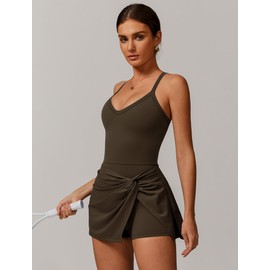 OMEWEE Women's Tennis Dresses Twist Front Split Ruffle Cami Dress with Shorts Golf Active Dress Dark Brown XL