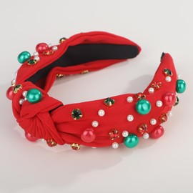Jumwrit Christmas Wide Thick Top Knot Headband with Pearl Rhinestone for Women Non Slip Sparkly Crystal Embellished Hair Band Pearl Beaded Decoration Fashion Hair Accessories (Red, 6.5 * 5.5inch)