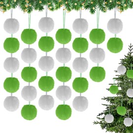 30 Pcs Furry Christmas Balls DIY Ornaments Hanging Furry White and Green Christmas Tree Ball Faux Fur Pom Pom Hanging Ornaments for Xmas Indoor Wreath Home School Office Decor