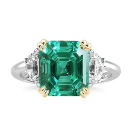 Effinny 4.5ct Women's Two-Tone Emerald Engagement Ring,Asscher Cut Green Paraiba Tourmaline Three Stone Promise Ring in 925 Sterling Silver (6.5)
