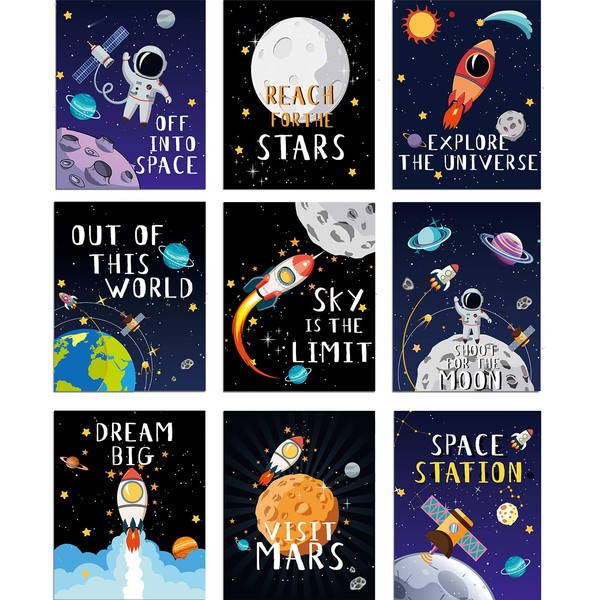 Blulu 9 Pieces Outer Space Décor Kids Nursery Bedroom Space Posters Decor, 8 x 10 Inch, Cute Inspirational Wall Art Decoration for Boys and Girls Playroom Bedroom Nursery Room Décor