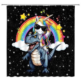 Funny Unicorn Riding Dinosaur Shower Curtain Cute Magic Fantasy Cartoon Animal Rainbow Cloud Mysterious Outer Space Universe Galaxy Fabric Bathroom Decor Curtains with Hooks,70 x 70