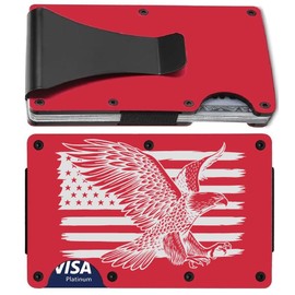 Laser Engraved Mens Womens Red American Flag and Eagle Titanium Carbon Fiber RFID Blocking Minimalist Wallet