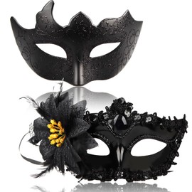 Powmag Pack of 2 Masquerade Ball Masks, Black, Venetian Mask for Men and Women, Masquerade Mask, Venetian, Black Masks Costume for Carnival, Cosplay, Party