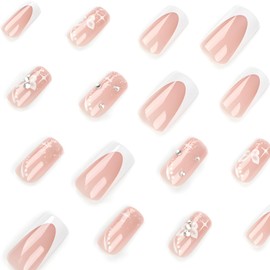 French Tip Press on Nails Medium Square Fake Nails with Rhinestone Design Flower Nails Press ons Spring Summer Glue on Nails Acrylic Nails Glossy False Nails for Women 24 Pcs