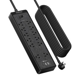NTONPOWER 25 Ft Extension Cord Flat Plug, 12 Outlets(2 Widely Space) 3 USB with Surge Protector Power Strip, Overload Protection Switch, 2100 Joules, Wall Mount for Home Office and Workbench, Black