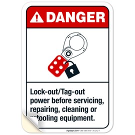Sigo Signs, Lock-Out Tag-Out Power Before Servicing Sign, ANSI Danger Sign, 10x7 Inches, 4 Mil Vinyl Decal Stickers Weather Resistant UV Protected, Made in USA