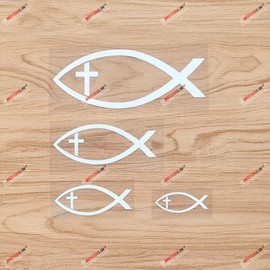 Ichthys Jesus Fish Cross Christian Symbol Ichthus Vinyl Decal Sticker - 4 Pack White, 2 Inches, 3 Inches, 4 Inches, 6 Inches - No Background for Car Boat Laptop Cup Phone