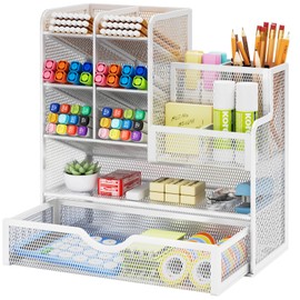 Marbrasse Mesh Desk Organiser, Multifunctional Pen Holder with Drawer, Storage Shelf for School, Home, Office, Supplies (White)