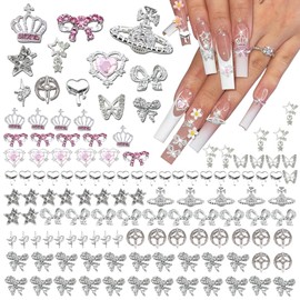 110PCS Silver Nail Charms,Y2K Nail Art Rhinestone Charms 3D Heart Bow Star with Rhinestones,Charms for Nails Design,Accessories Supplies(Silver Pink 1)