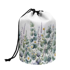Poceacles Daisy Eucalyptus Leaf Drawstring Cosmetic Bag for Women, Foldable Travel Toiletry Bucket Bag Pouch Accessories Organizer Portable Makeup Case