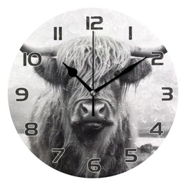 Qilmy Highland Cow Clock Silent Round Wall Clock Non Ticking Battery Device Clocks Creative Decoration Wall Clock for Living Room Bedroom Office Kitchen