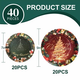 Aixuler Christmas Paper Plates, 40pcs Party Paper Plates Set Disposable Christmas Party Food Dinner Dessert Plates Tableware Decorations Favors, Including 20pcs 9" and 20pcs 7" for Christmas Plates