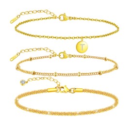 QJLE Initial Gold Anklets for Women Waterproof Womens Anklet Ankle Bracelets for Women Plus Size Ankle Bracelet Layered Beaded Anklet Gold Summer Beach Jewelry