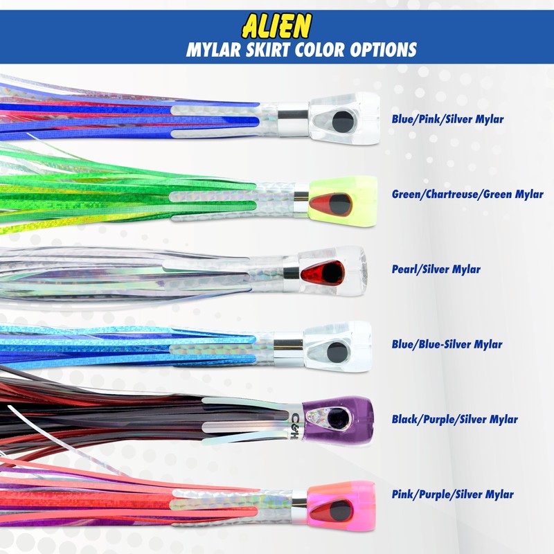 C&H Lures Alien Lure, Blue/Blue/Silver Mylar Skirt, Concave Head, Hologram