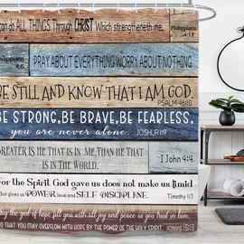 Yookeb Bible Verse Christian Bathroom Shower Curtain 71W by 71H Inch Farmhouse Rustic Quotes Inspirational Motivational Positive Wood Wooden Fabric 12 Plastic Hooks Waterproof Decor