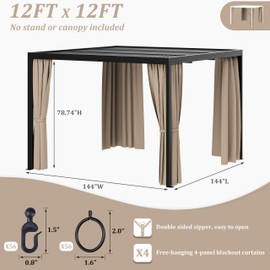 Kimunuk Gazebo Universal Replacement Privacy Curtain,12'X12' Gazebo Outdoor Waterproof Curtains, 4-Panels Sidewall Curtain with Double Zipper for Patio, Garden and Backyard (Only Curtains, Sand)