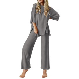 Ekouaer Lounge Sets for Women Short Sleeve Tops and Long Pants Soft Comfy Pajamas Set 2 Piece Outfits,Dark Gray,L