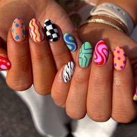 Colorful Press on Nails Short Medium Length Almond Fake Nails with Checkered Striped Design Cute Geometric Irregularity Acrylic Stick on Nails Summer Glossy Full Cover Glue on Nails for Women 24Pcs