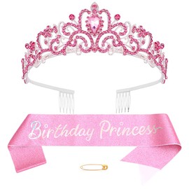 Pink BIirthday Crown Queen Sash Kit for Women Girls Birthday Decorations Rhinestone Princess Crowns Crystal Birthday Headbands Happy Birthday Tiara Women Birthday Clothing Accessories, Style 2