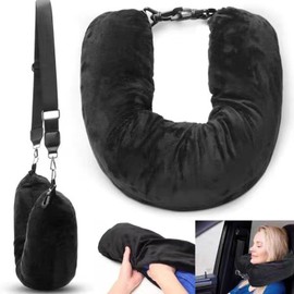 Travel Neck Pillow, Travel Pillow Stuffable with Clothes, Soft Plush Stuffable Airplane Travel Pillow, Travel Essentials for Women Men (Black)