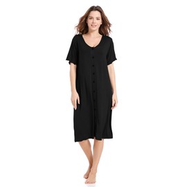 CHUNG Women Short Sleeve Nightdress Button Down Nighties Ladies Nightgown Soft Baggy Pyjamas UK Size Black S