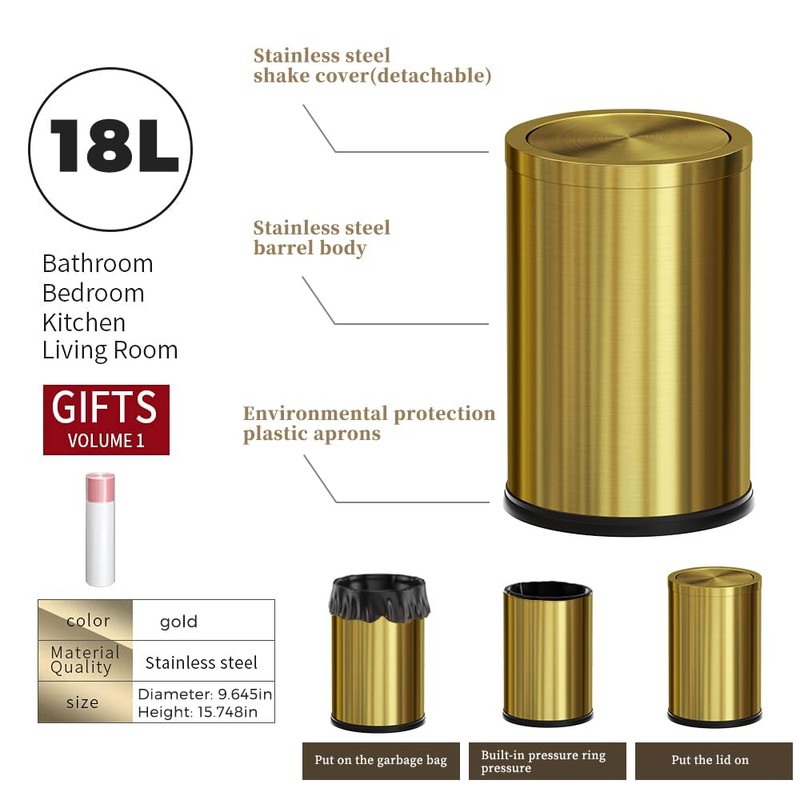 YOJIA 4.7 Gallon/18L Stainless Steel Bathroom Trash Can,Gold Garbage Bin