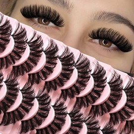 APCYUST Lashes False Wispy Eyelashes Volume Cat Eye 11-18 mm Long Lash Strips Fake Mink Eyelash Pack Natural Look Fluffy Full Strip Lashes Clear Band Easy Eyelashes for Beginners with Cluster Looking