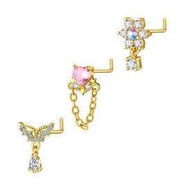 MODRSA Steel Nose-Stud Nose-Piercing l-Shaped: 3 PCS 20G Stainless Steel Gold Nose Studs Jewellery with 14k Cubic Zirconia Pendant