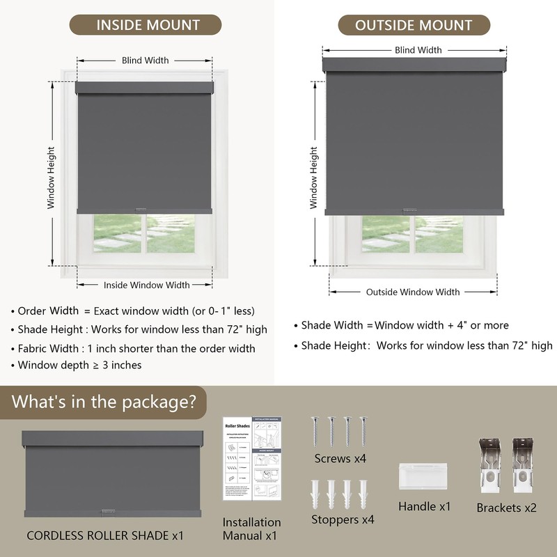 SUNOFF Cordless Blackout Roller Shades Blinds for Windows Free-Stop,Pull Down