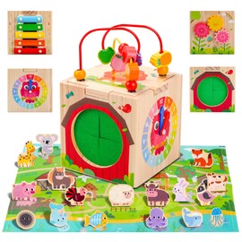 Wooden Activity Cube with Map Farm Game and Mystery Box | Montessori Toys for 1 2 3 Year Old Toddlers | Baby Toys 12-18 Months | First Birthday Gifts for Girls & Boys