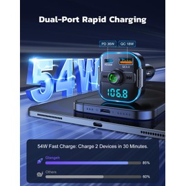 Glangeh 2024 Newest Bluetooth 5.3 Car Adapter【PD 36W+QC3.0 18W】, 2-in-1 Bluetooth FM Transmitter 【Dual Stronger Mics】& Fast Car Charger, Wireless Car Radio Adapter Hands-Free Car Kit, Siri Assistant