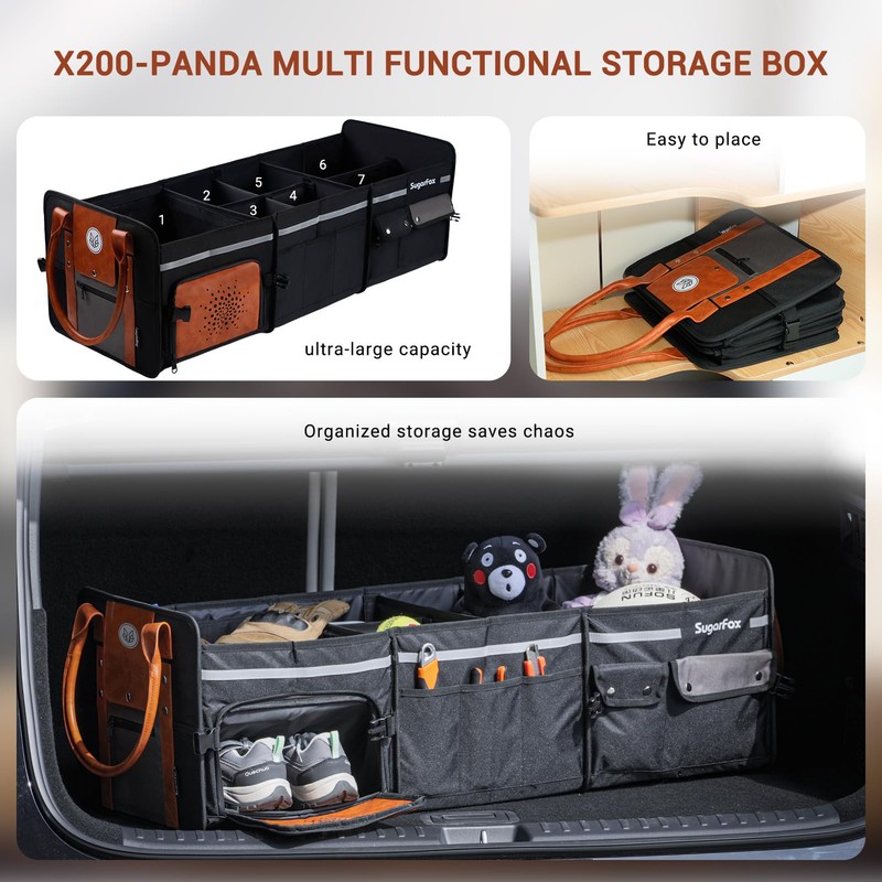 SugarFox Car Trunk Organizer, Foldable with Fox Pattern, Leather/Oxford Blend,