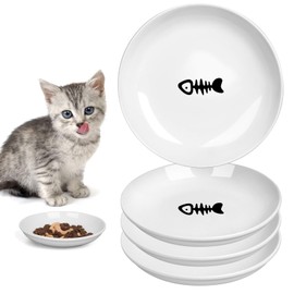 TRUVIC 4 Pack Ceramic Cat Food Bowls, 5.9 Inch Wide Shallow Dishes with Fish Design, Anti-Whisker Fatigue Cat Bowl for Cats and Small Dogs, Microwave and Dishwasher Safe (Fishbone)