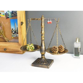 Vintage Metal Libra Jewelry Towers Display Cosmetic Organizer Storage, Scale Centerpiece Stand, Antique Jewelry Storage, Farmhouse Candleholder Display – Bronze, 7.7“ W x 12.1“ H