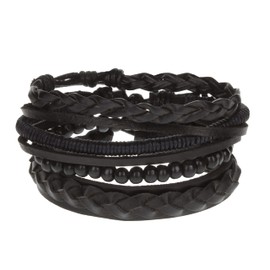 Stands Out, Supplying Outstanding Gifts Unisex Mens Womens Whirlybird Stacker Black Beaded Leather Bracelet Wide Multi Row Layer Stack Wristband