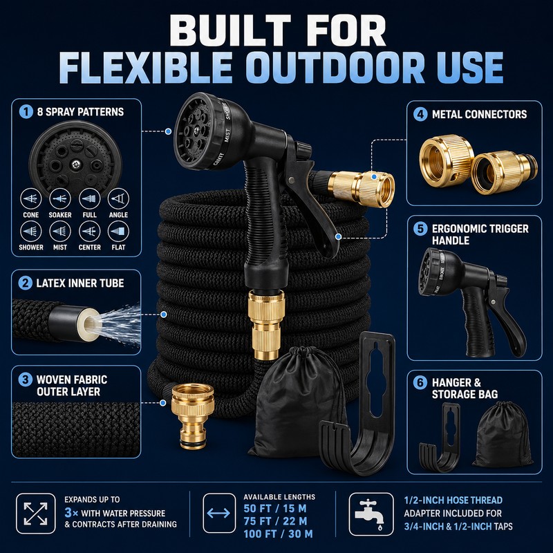 Expandable Garden Hose Kit with 8-Pattern Spray Gun, Metal Connectors,